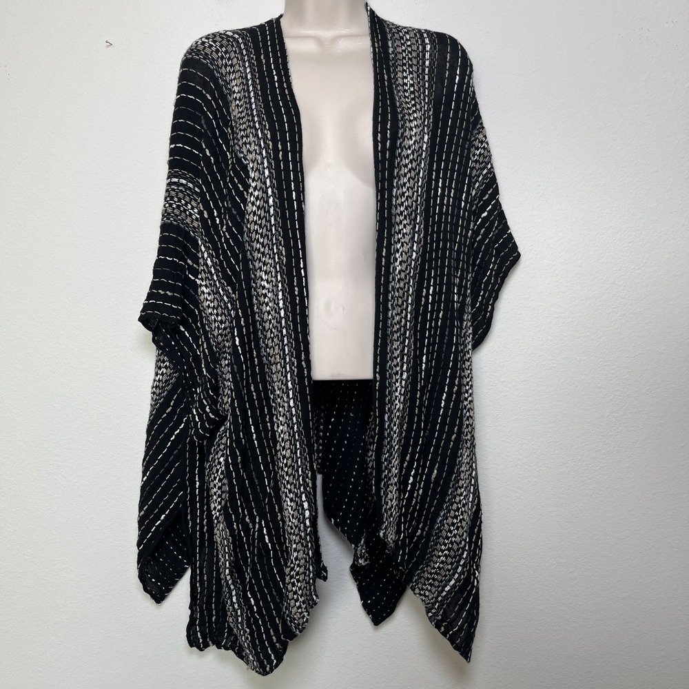 J. Jill Women Kimono Duster Cardigan Large Black Embroidered‎ Stripe Lagenlook
